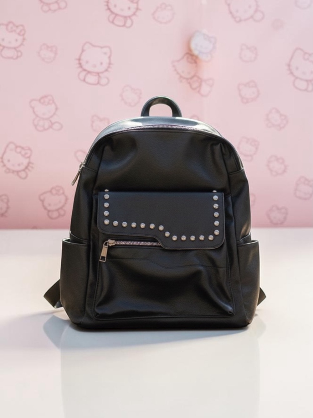 Black Studded Backpack Faux Leather Front Pocket Silver Hardware